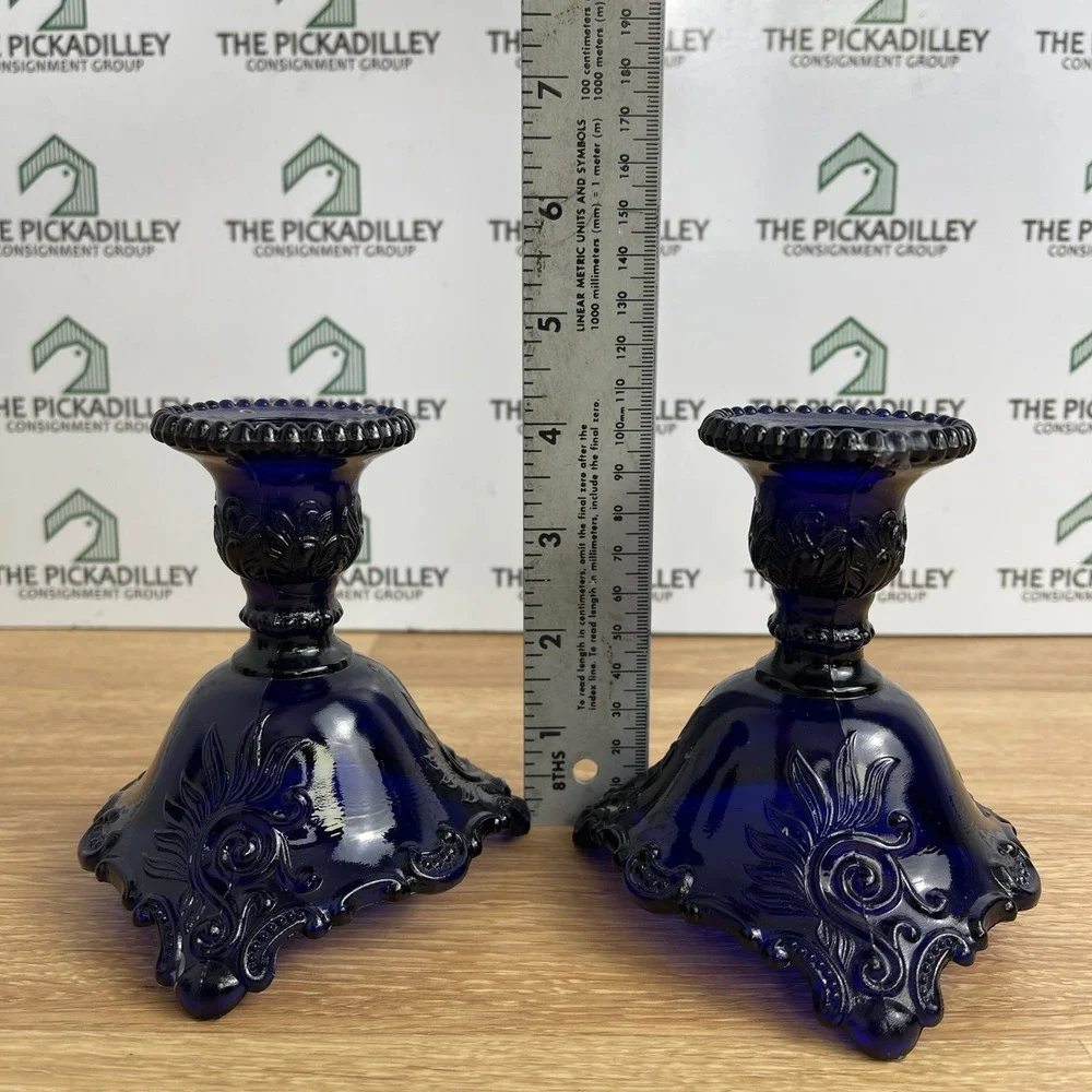 Vintage Cobalt Blue Glass Candlestick Holders Set of 2 Embossed Floral Victorian